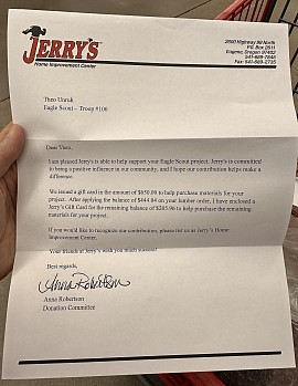 Donation letter from Jerry's Home Improvement Center